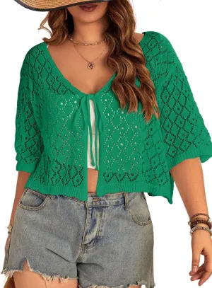 Women's Plus Size Crochet Cardigan Crop Short Sleeves Tie Front Lightweight Knitwear