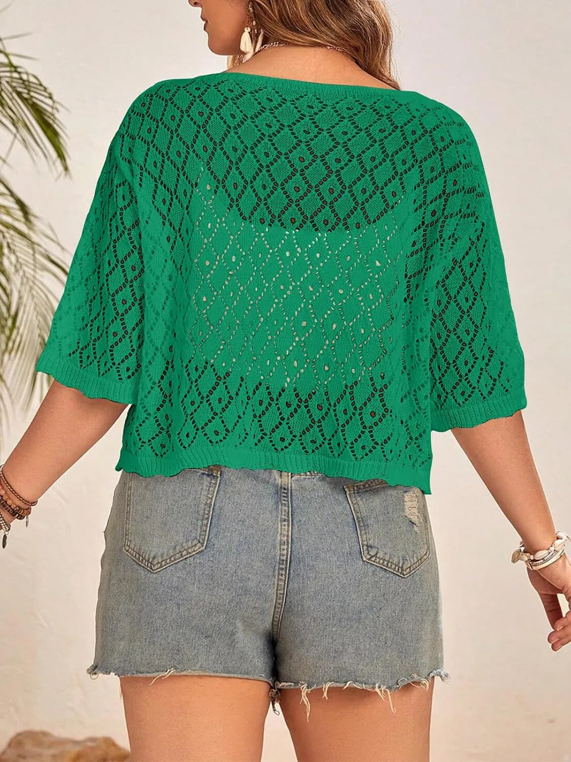 Women's Plus Size Crochet Cardigan Crop Short Sleeves Tie Front Lightweight Knitwear