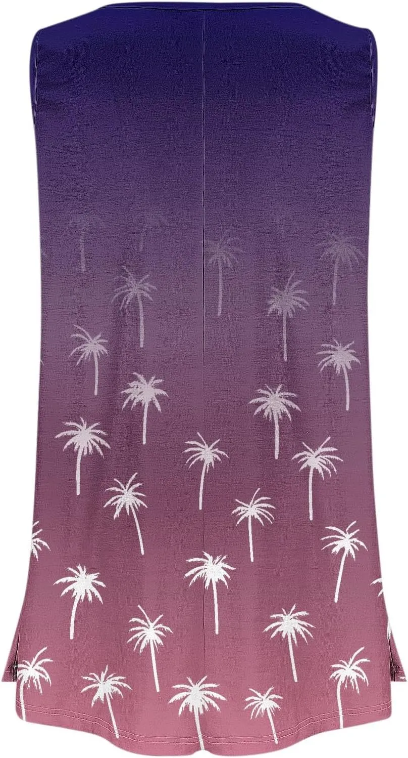 Women's Plus Size Summer Tank Tops Hawaiian Coconut Tree Graphic Printed Tees Sleeveless Vacation Beach T Shirt Blouse