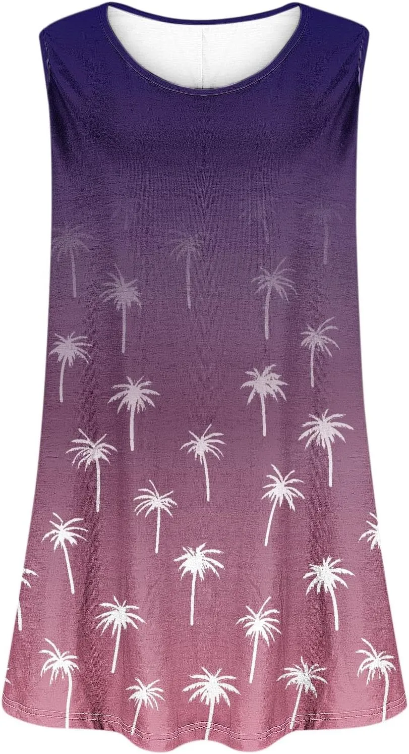Women's Plus Size Summer Tank Tops Hawaiian Coconut Tree Graphic Printed Tees Sleeveless Vacation Beach T Shirt Blouse