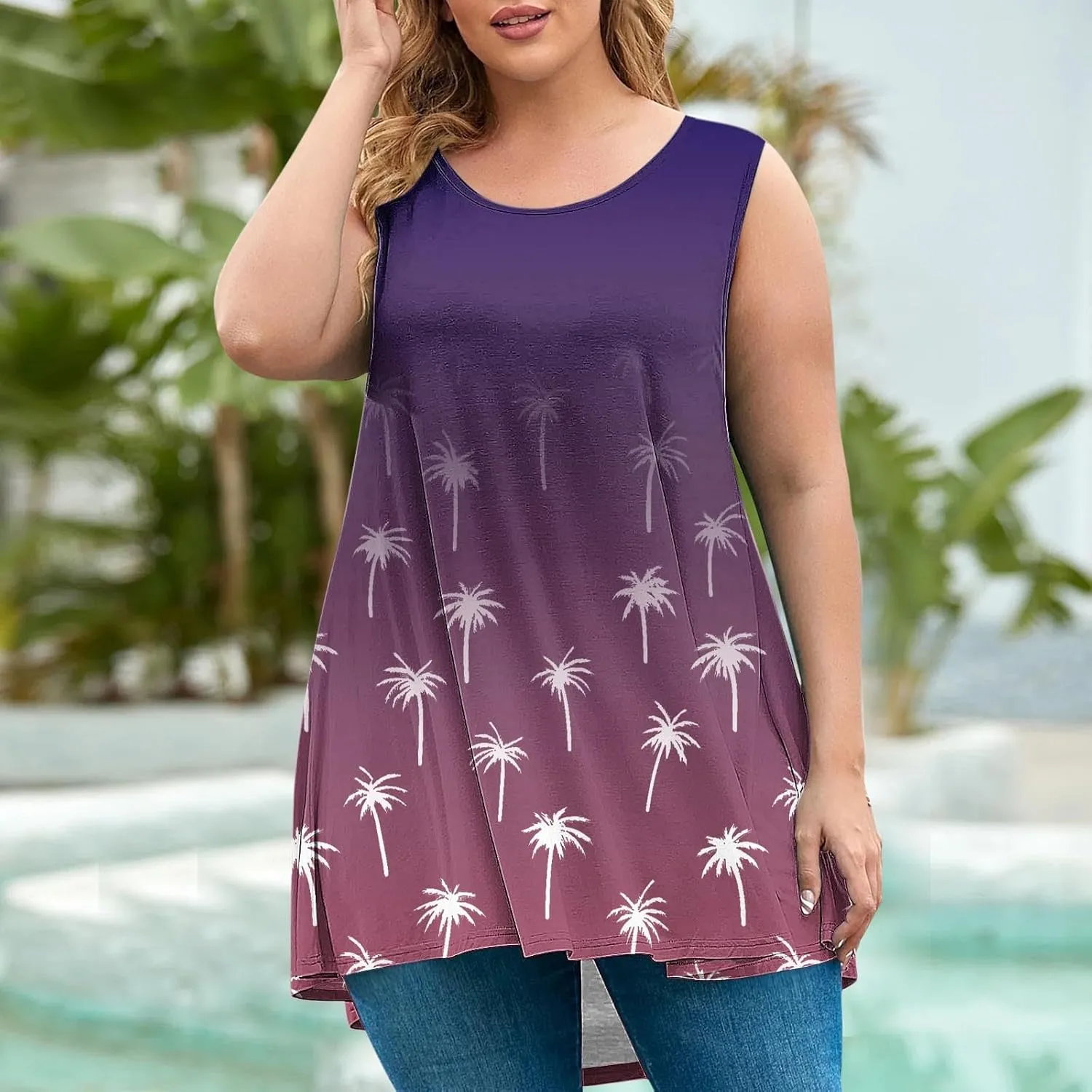 Women's Plus Size Summer Tank Tops Hawaiian Coconut Tree Graphic Printed Tees Sleeveless Vacation Beach T Shirt Blouse