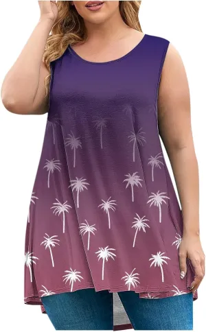 Women's Plus Size Summer Tank Tops Hawaiian Coconut Tree Graphic Printed Tees Sleeveless Vacation Beach T Shirt Blouse