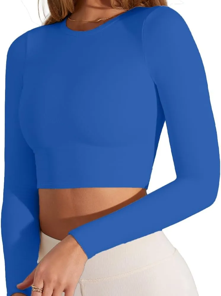 Women's Sexy Crew Neck Crop Top Long Sleeve Basic Fitted Tight Cropped T Shirts