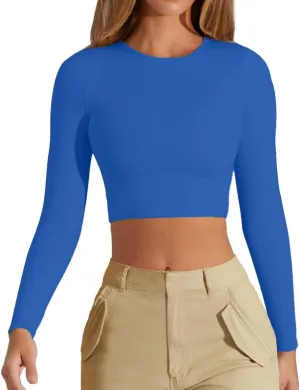 Women's Sexy Crew Neck Crop Top Long Sleeve Basic Fitted Tight Cropped T Shirts