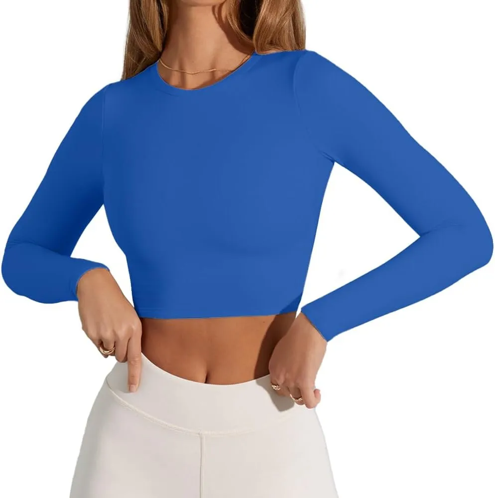 Women's Sexy Crew Neck Crop Top Long Sleeve Basic Fitted Tight Cropped T Shirts