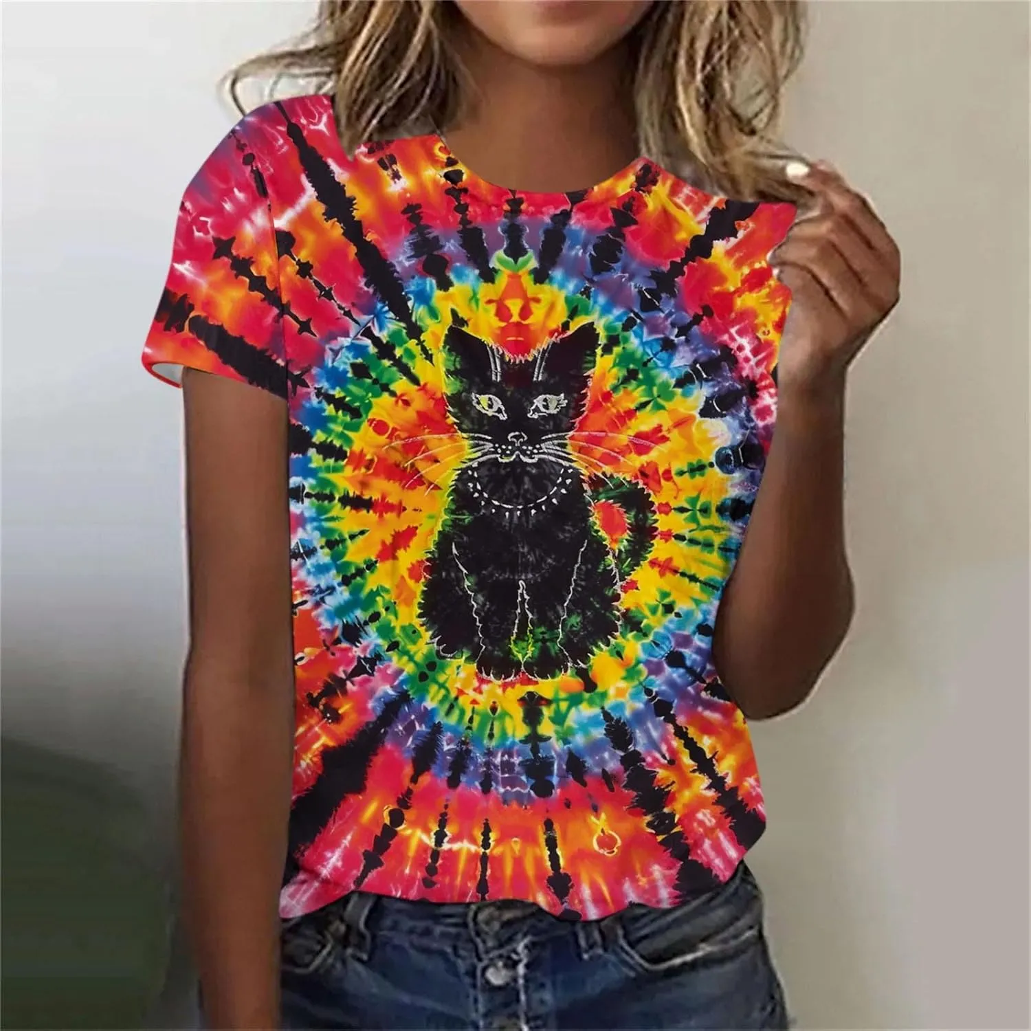 Womens Shirts Dressy Casual Crewneck Tie-Dye Summer Blouse Plus Size Short Sleeve Tee Shirt Loose Fit Print Ops
