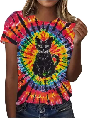 Womens Shirts Dressy Casual Crewneck Tie-Dye Summer Blouse Plus Size Short Sleeve Tee Shirt Loose Fit Print Ops