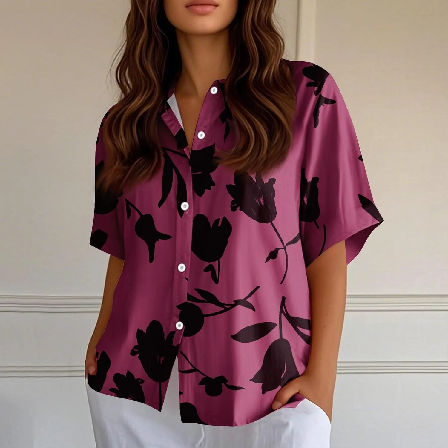Womens Shirts Short Sleeve Trendy Button Down Blouse Summer Casual Linen Cute Shirts Floral Print V Neck Tops Collared