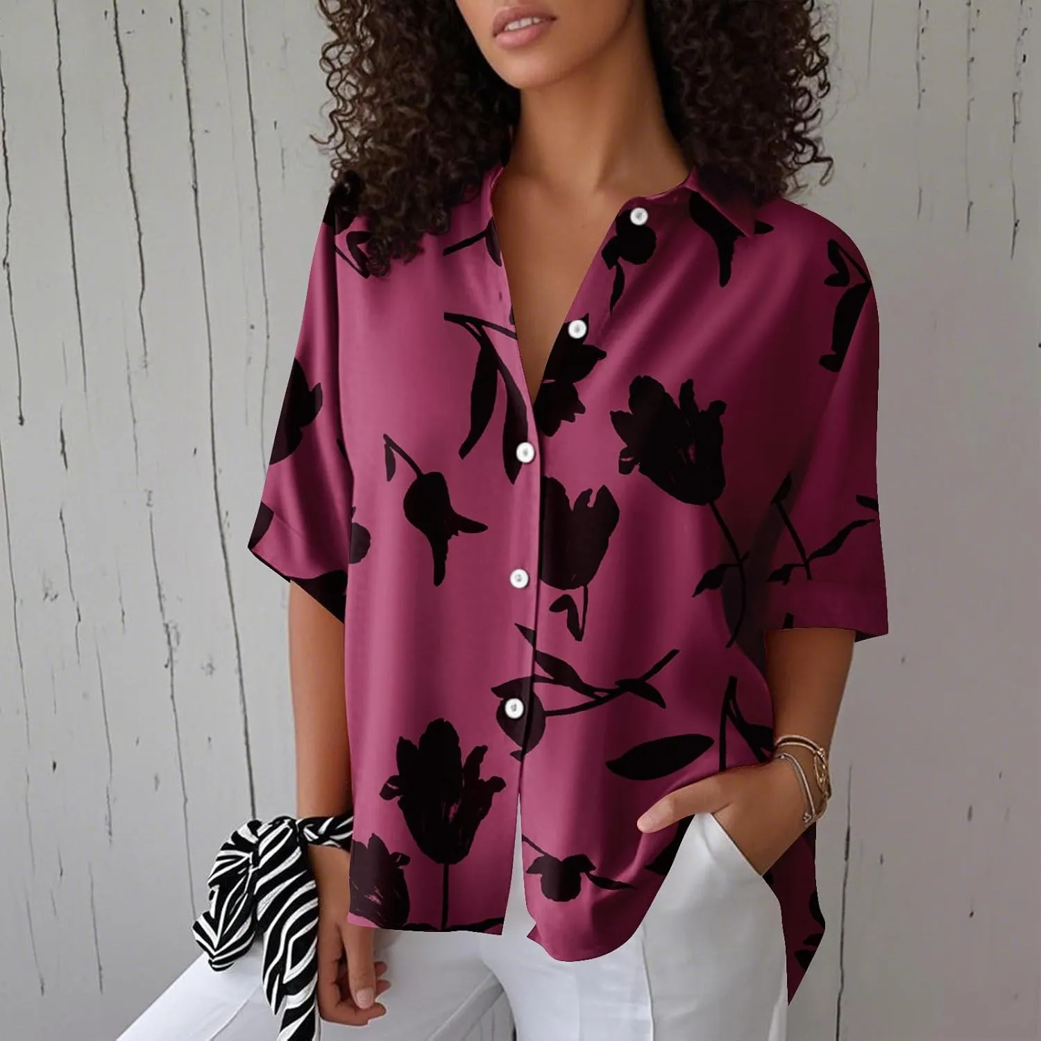 Womens Shirts Short Sleeve Trendy Button Down Blouse Summer Casual Linen Cute Shirts Floral Print V Neck Tops Collared
