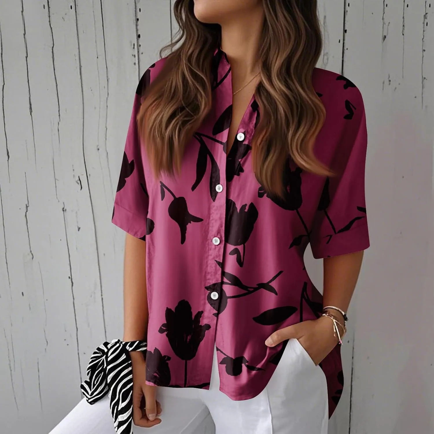 Womens Shirts Short Sleeve Trendy Button Down Blouse Summer Casual Linen Cute Shirts Floral Print V Neck Tops Collared