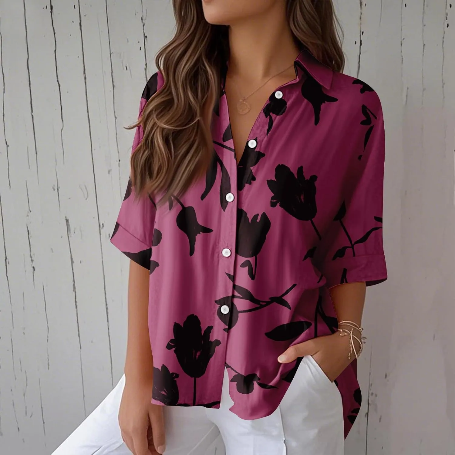 Womens Shirts Short Sleeve Trendy Button Down Blouse Summer Casual Linen Cute Shirts Floral Print V Neck Tops Collared