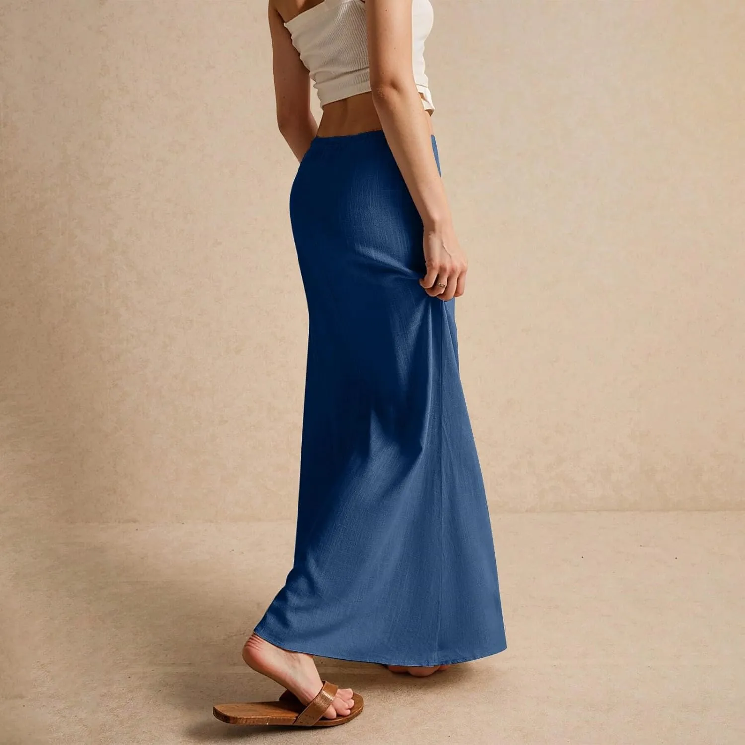 Womens Spring Skirt Cotton Linen Long Summer Casual Drawstring Low Waist Cotton Skirt Flowy Vacation Boho