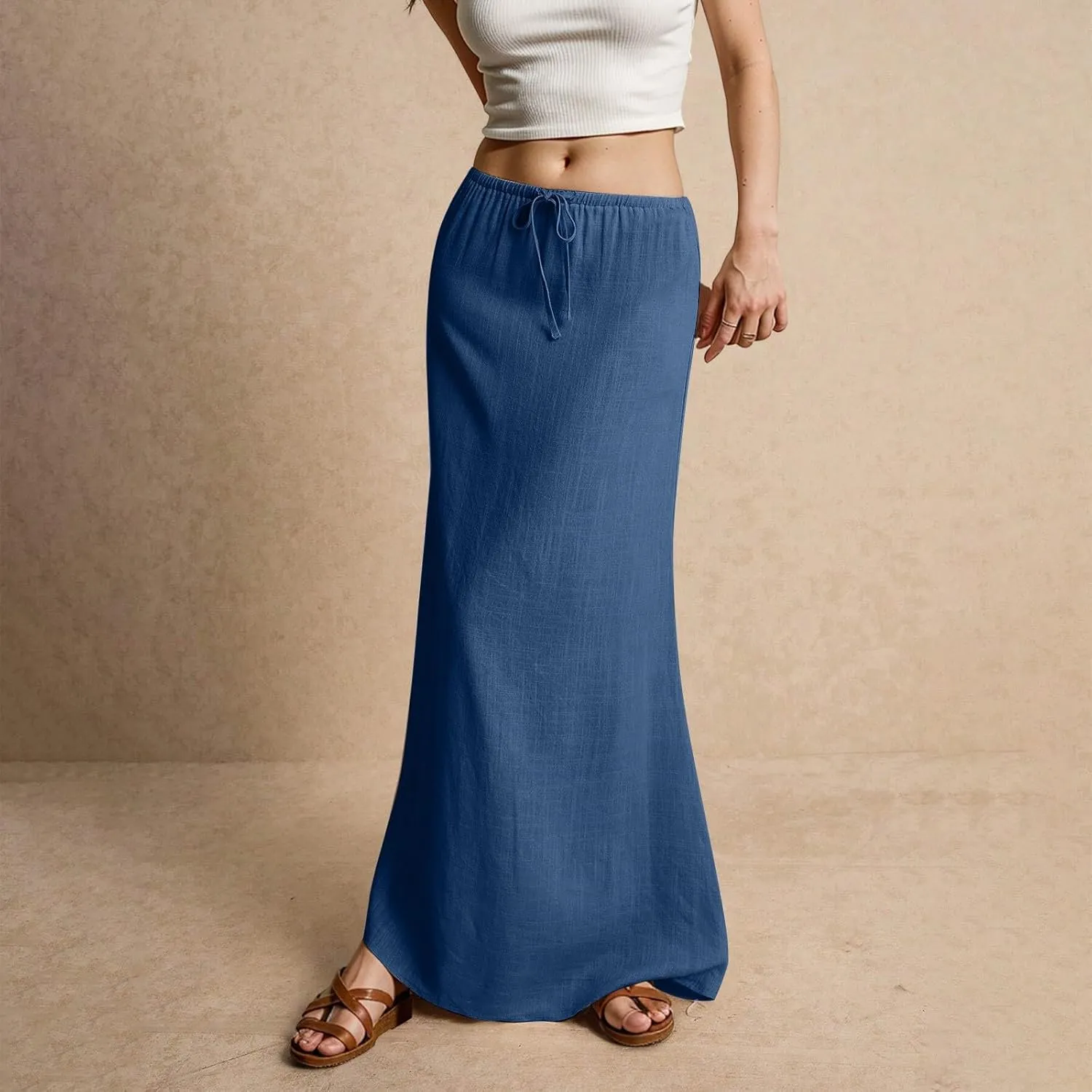 Womens Spring Skirt Cotton Linen Long Summer Casual Drawstring Low Waist Cotton Skirt Flowy Vacation Boho