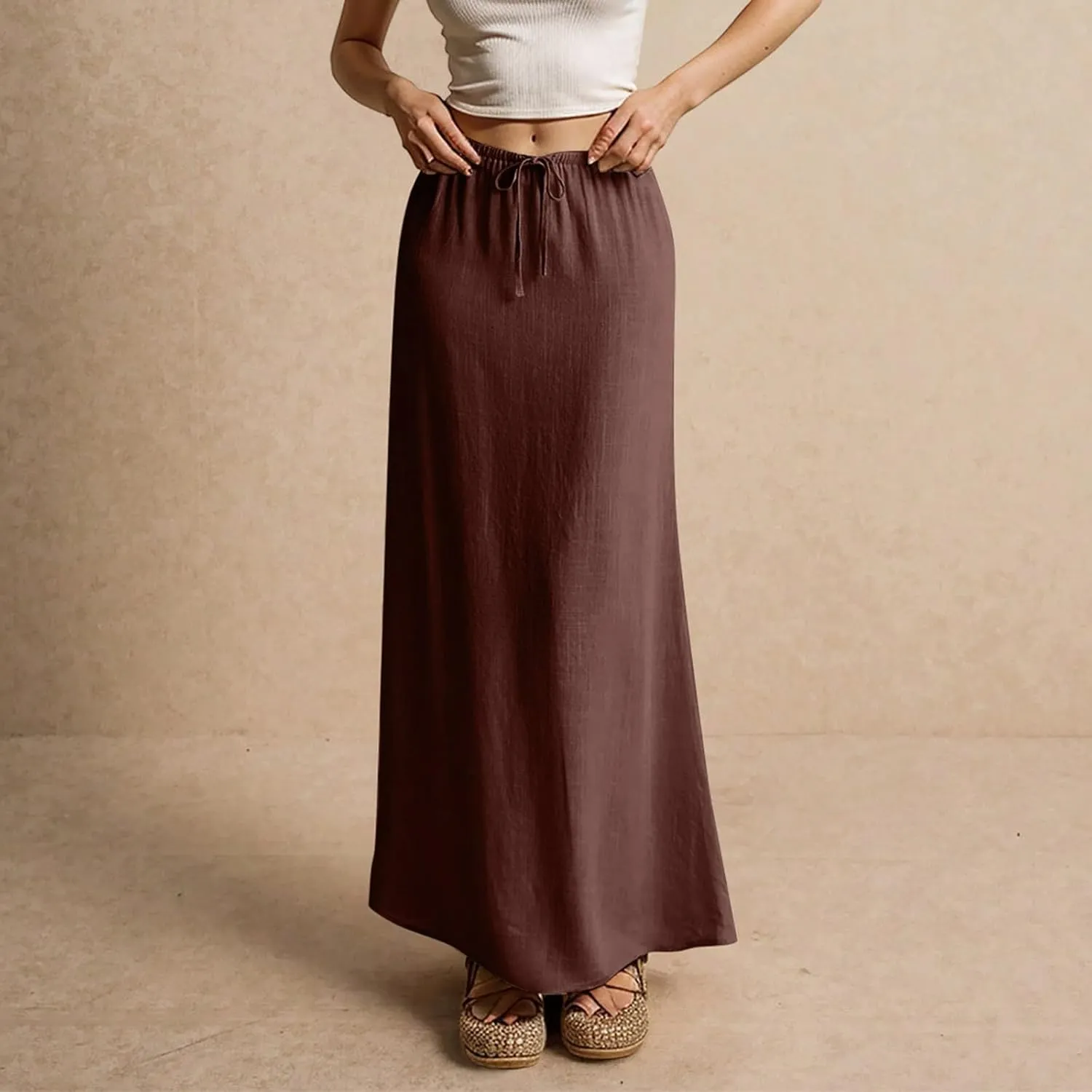 Womens Spring Skirt Cotton Linen Long Summer Casual Drawstring Low Waist Cotton Skirt Flowy Vacation Boho