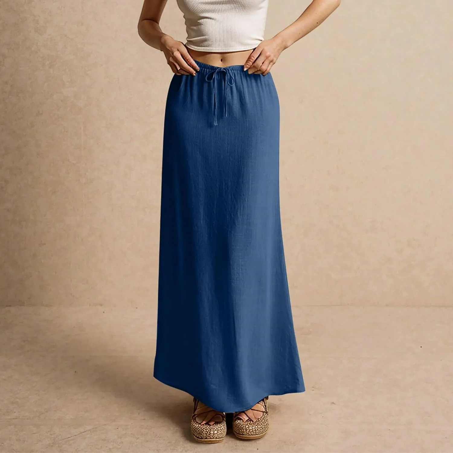 Womens Spring Skirt Cotton Linen Long Summer Casual Drawstring Low Waist Cotton Skirt Flowy Vacation Boho