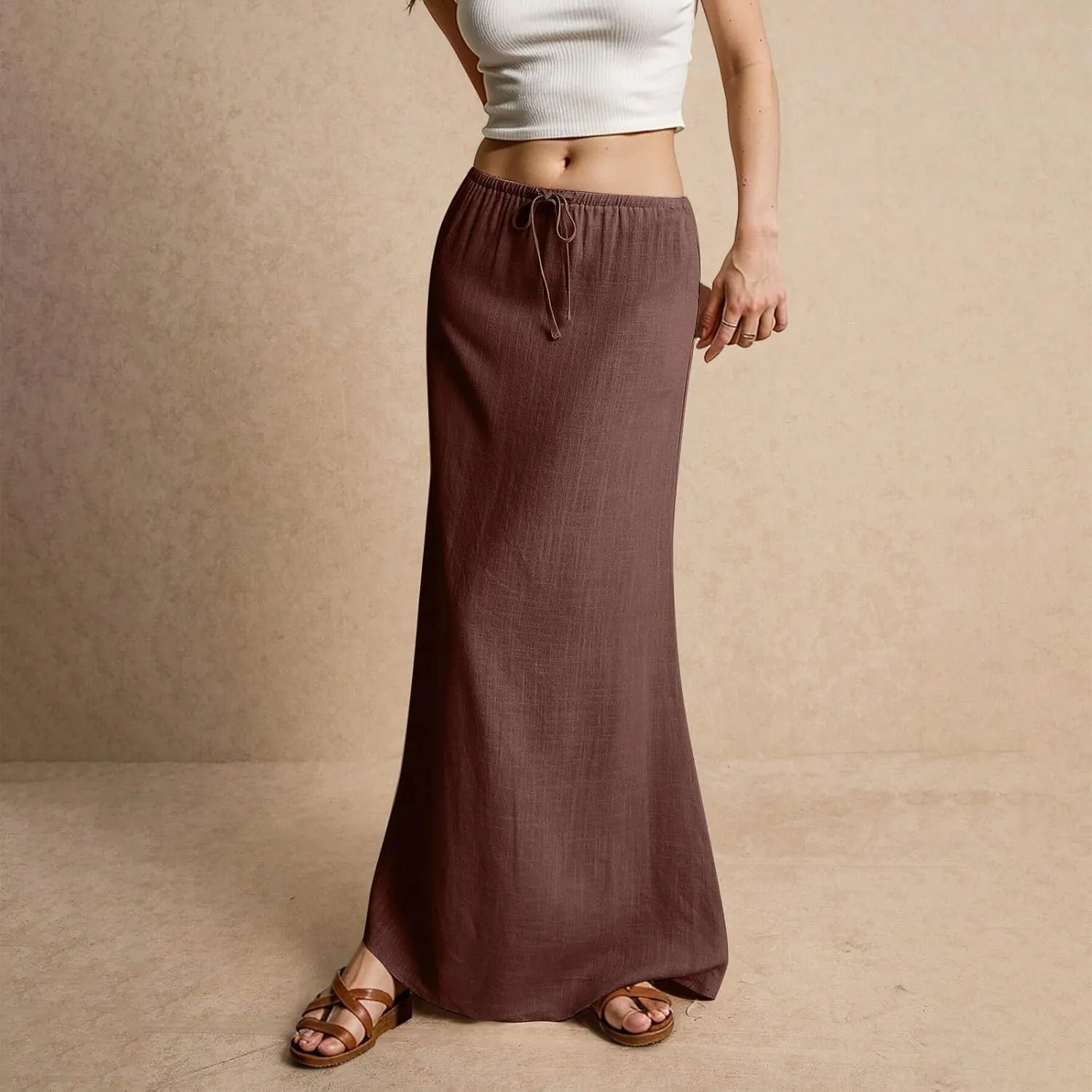 Womens Spring Skirt Cotton Linen Long Summer Casual Drawstring Low Waist Cotton Skirt Flowy Vacation Boho