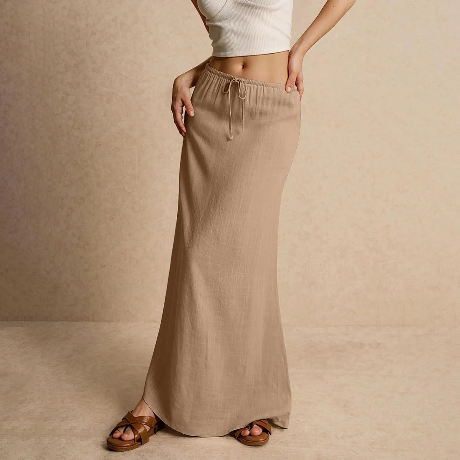 Womens Spring Skirt Cotton Linen Long Summer Casual Drawstring Low Waist Cotton Skirt Flowy Vacation Boho