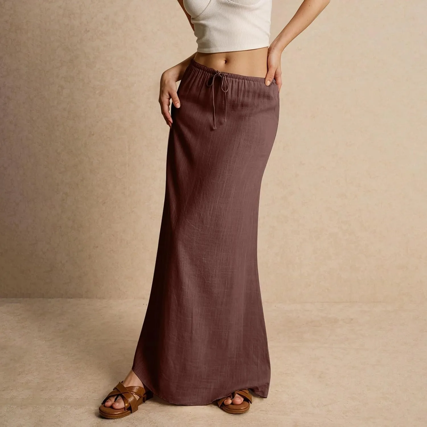 Womens Spring Skirt Cotton Linen Long Summer Casual Drawstring Low Waist Cotton Skirt Flowy Vacation Boho