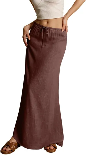 Womens Spring Skirt Cotton Linen Long Summer Casual Drawstring Low Waist Cotton Skirt Flowy Vacation Boho
