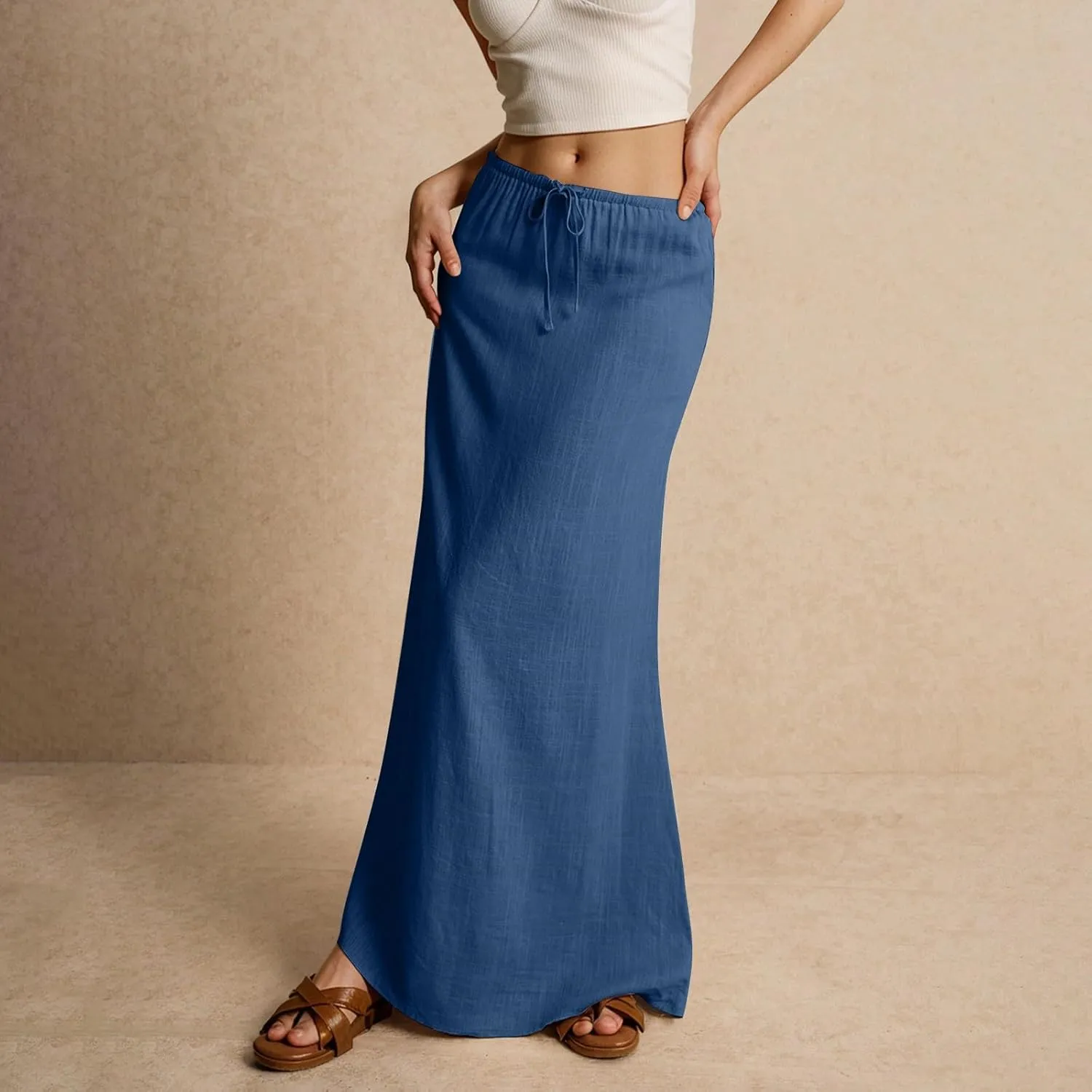 Womens Spring Skirt Cotton Linen Long Summer Casual Drawstring Low Waist Cotton Skirt Flowy Vacation Boho