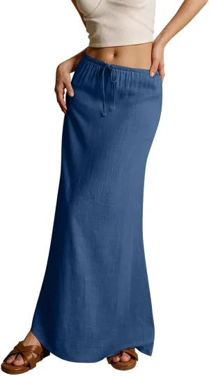 Womens Spring Skirt Cotton Linen Long Summer Casual Drawstring Low Waist Cotton Skirt Flowy Vacation Boho