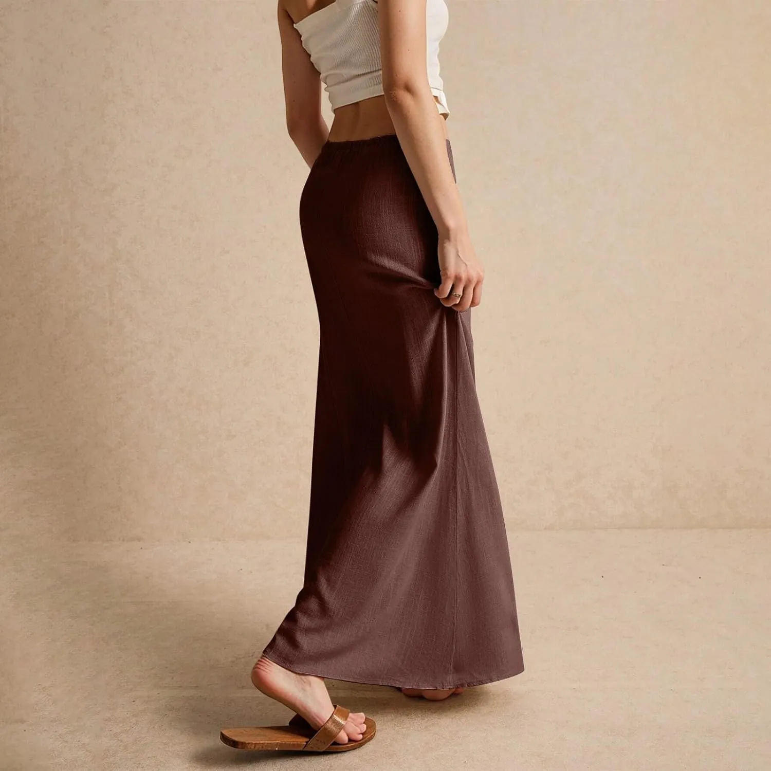 Womens Spring Skirt Cotton Linen Long Summer Casual Drawstring Low Waist Cotton Skirt Flowy Vacation Boho
