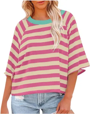 Womens Striped T Shirts Oversized Crewneck 3/4 Sleeve Tops Spring Casual Blouse Color Block Basic Sports Tees Blouses