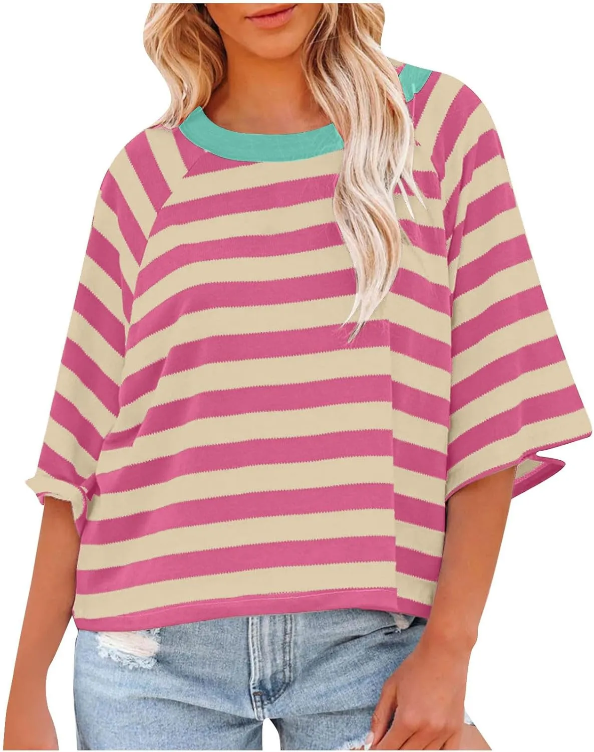Womens Striped T Shirts Oversized Crewneck 3/4 Sleeve Tops Spring Casual Blouse Color Block Basic Sports Tees Blouses