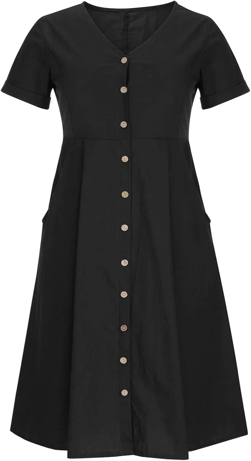 Women's Summer Casual V-Neck Button Down Shirt Dress Solid Short Sleeve Cotton Linen Dress Plus Size Maxi Dress