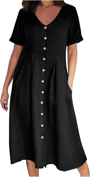 Women's Summer Casual V-Neck Button Down Shirt Dress Solid Short Sleeve Cotton Linen Dress Plus Size Maxi Dress