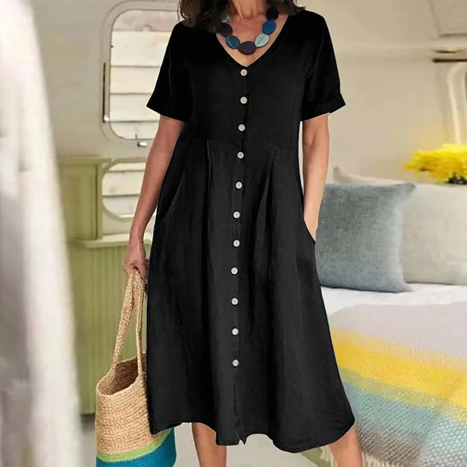 Women's Summer Casual V-Neck Button Down Shirt Dress Solid Short Sleeve Cotton Linen Dress Plus Size Maxi Dress