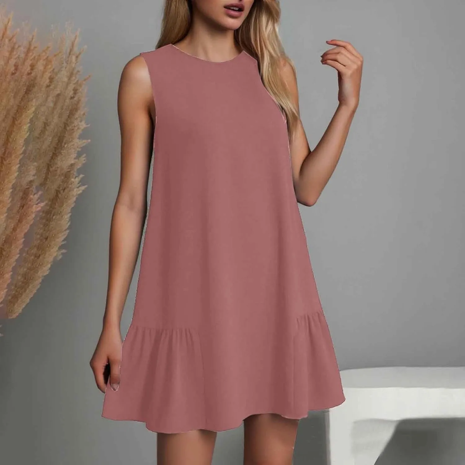 Womens Summer Dresses 2025 Crewneck Sleeveless Ruffle Tank Dress A-Line Loose Fit Beach Vacation Midi Sundress
