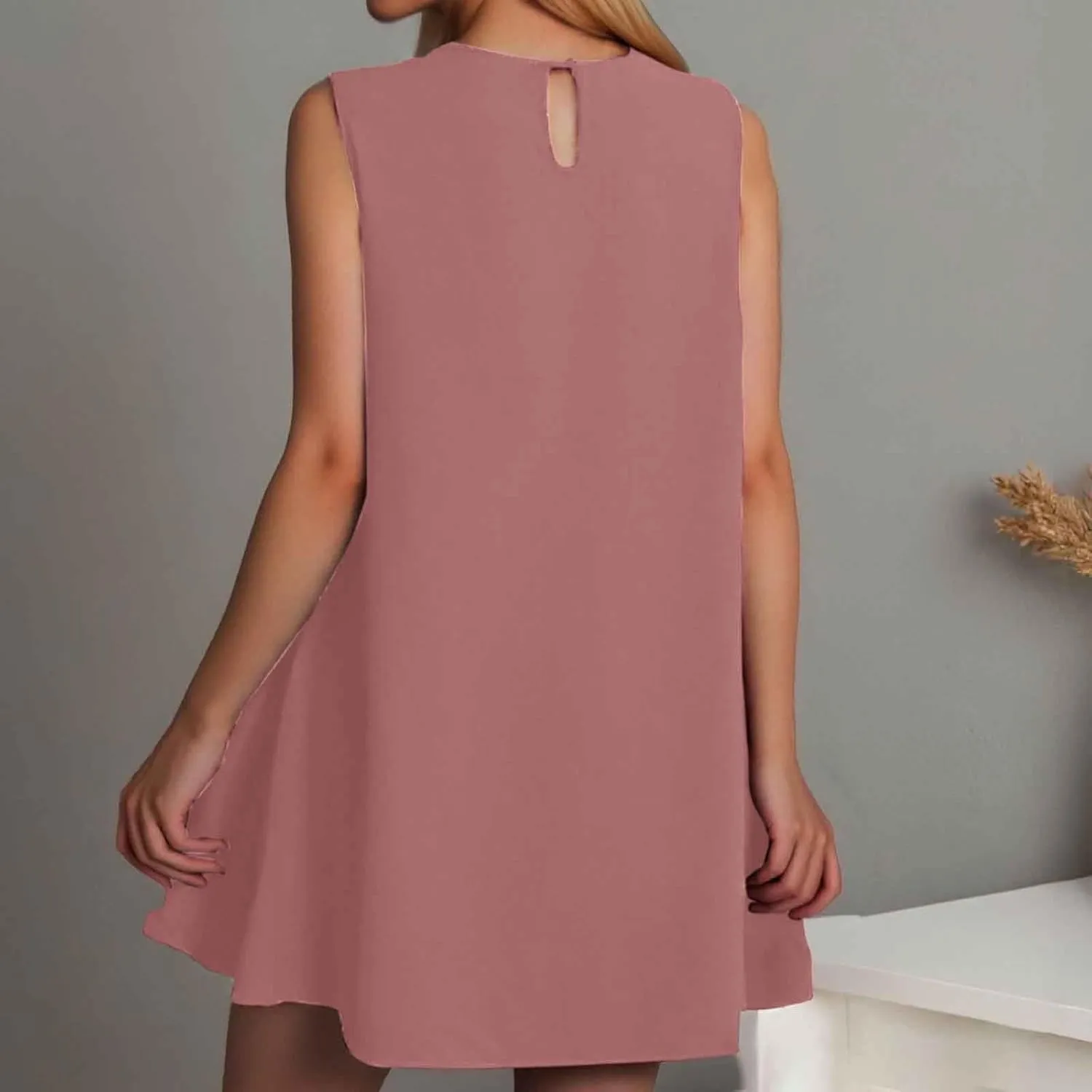Womens Summer Dresses 2025 Crewneck Sleeveless Ruffle Tank Dress A-Line Loose Fit Beach Vacation Midi Sundress