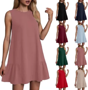 Womens Summer Dresses 2025 Crewneck Sleeveless Ruffle Tank Dress A-Line Loose Fit Beach Vacation Midi Sundress