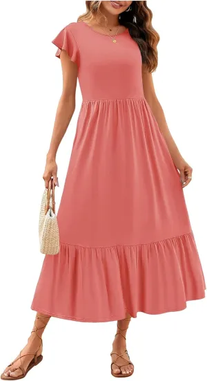Womens Summer Dresses Flutter Short Sleeve Beach Dress Flowy Wedding Guest Midi Dresses Elastic Tiered Dress