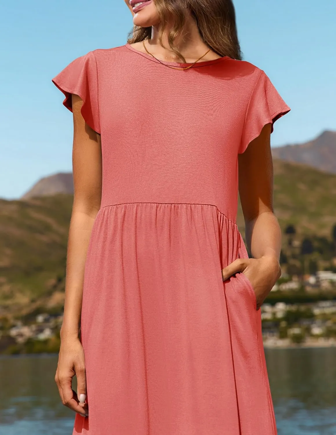 Womens Summer Dresses Flutter Short Sleeve Beach Dress Flowy Wedding Guest Midi Dresses Elastic Tiered Dress