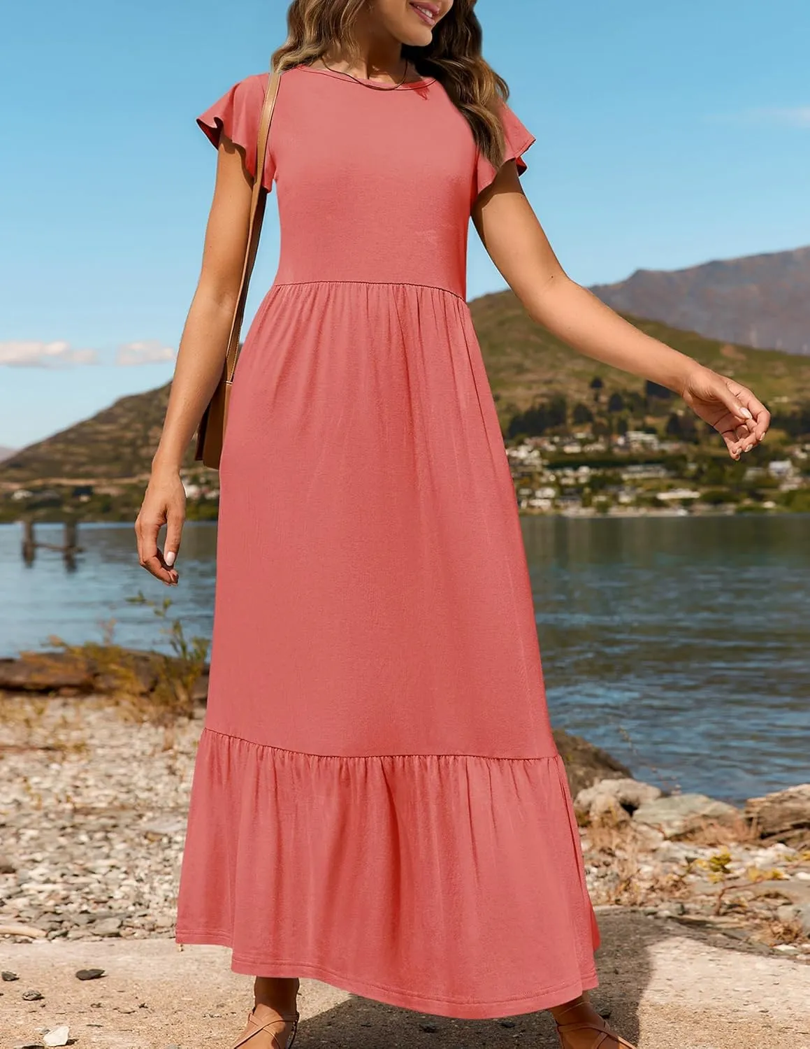Womens Summer Dresses Flutter Short Sleeve Beach Dress Flowy Wedding Guest Midi Dresses Elastic Tiered Dress