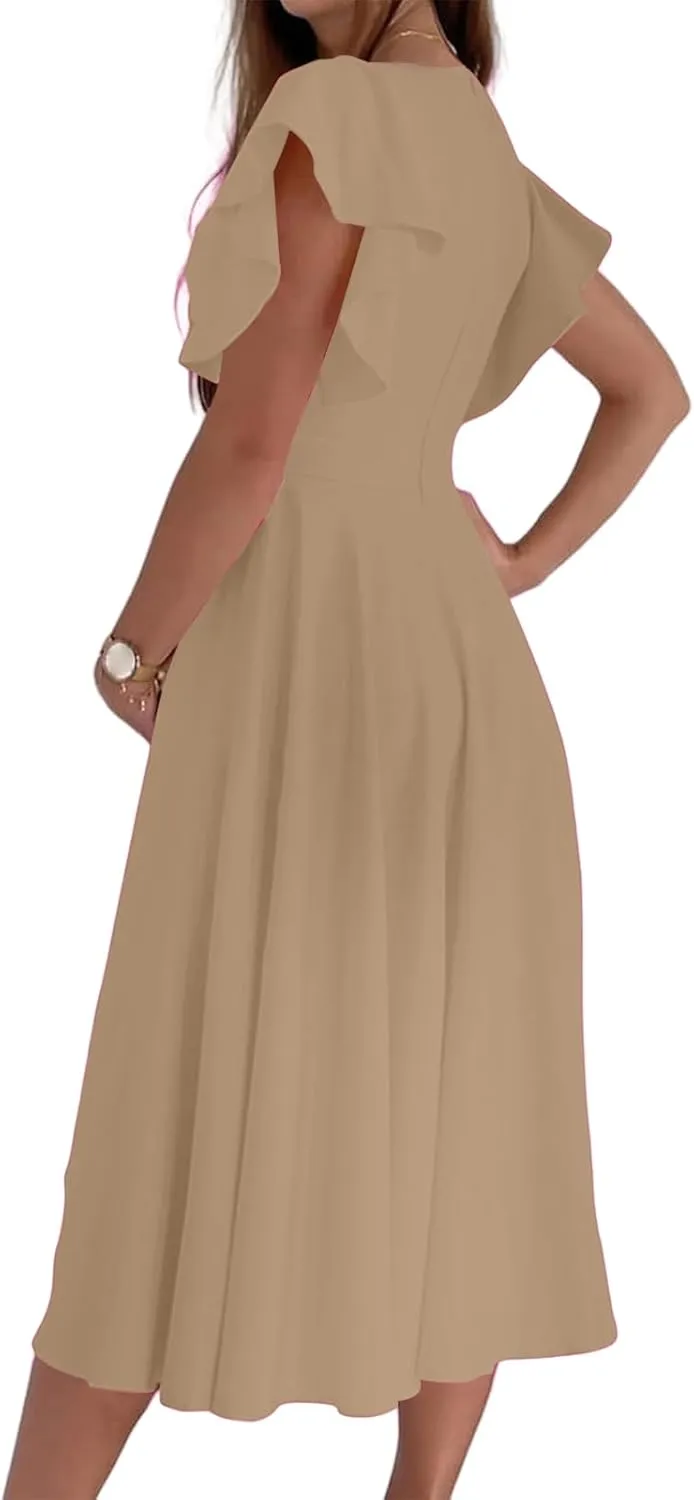 Women's Summer Sexy Dress Warp V Neck Ruffler Short Sleeve Midi Dresses A Line Swing Flared Cocktail Party Dress