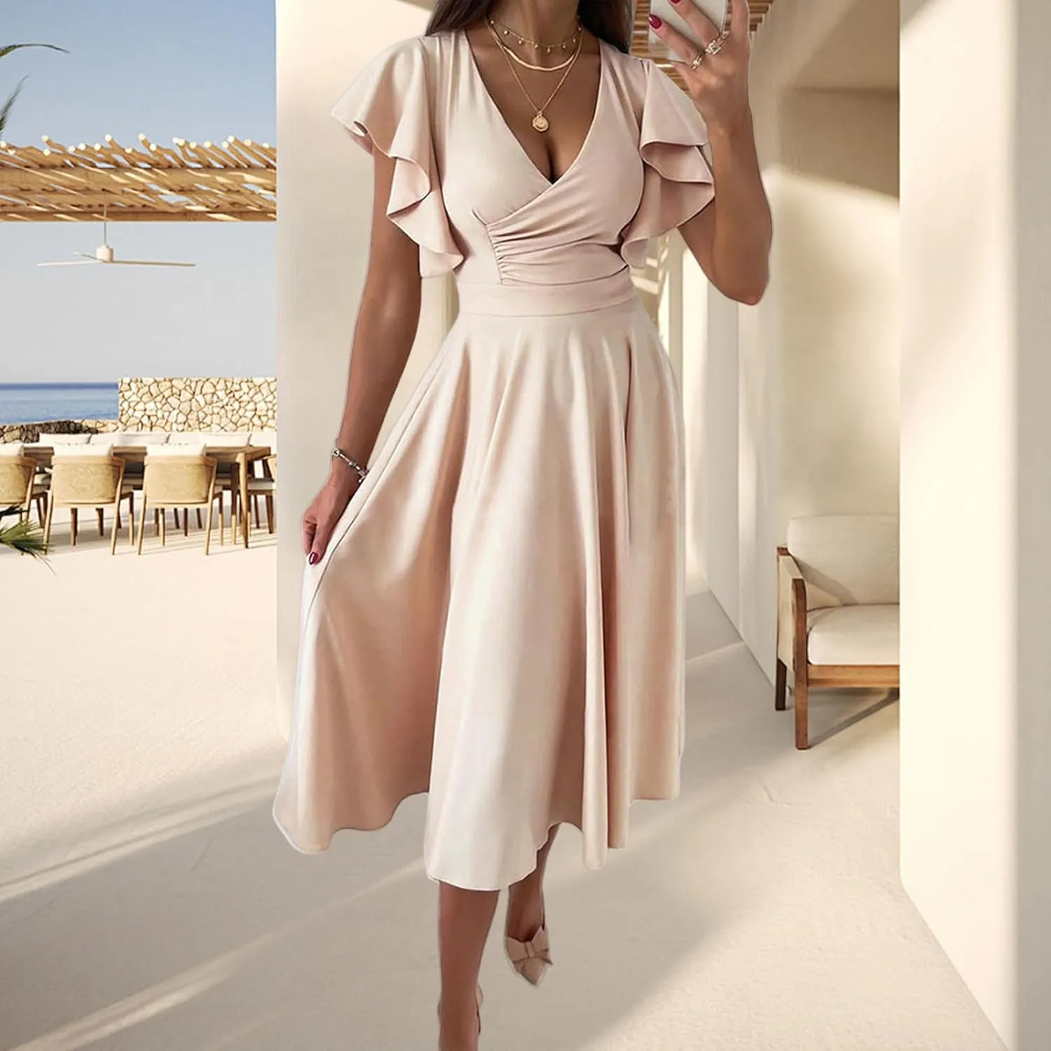 Women's Summer Sexy Dress Warp V Neck Ruffler Short Sleeve Midi Dresses A Line Swing Flared Cocktail Party Dress