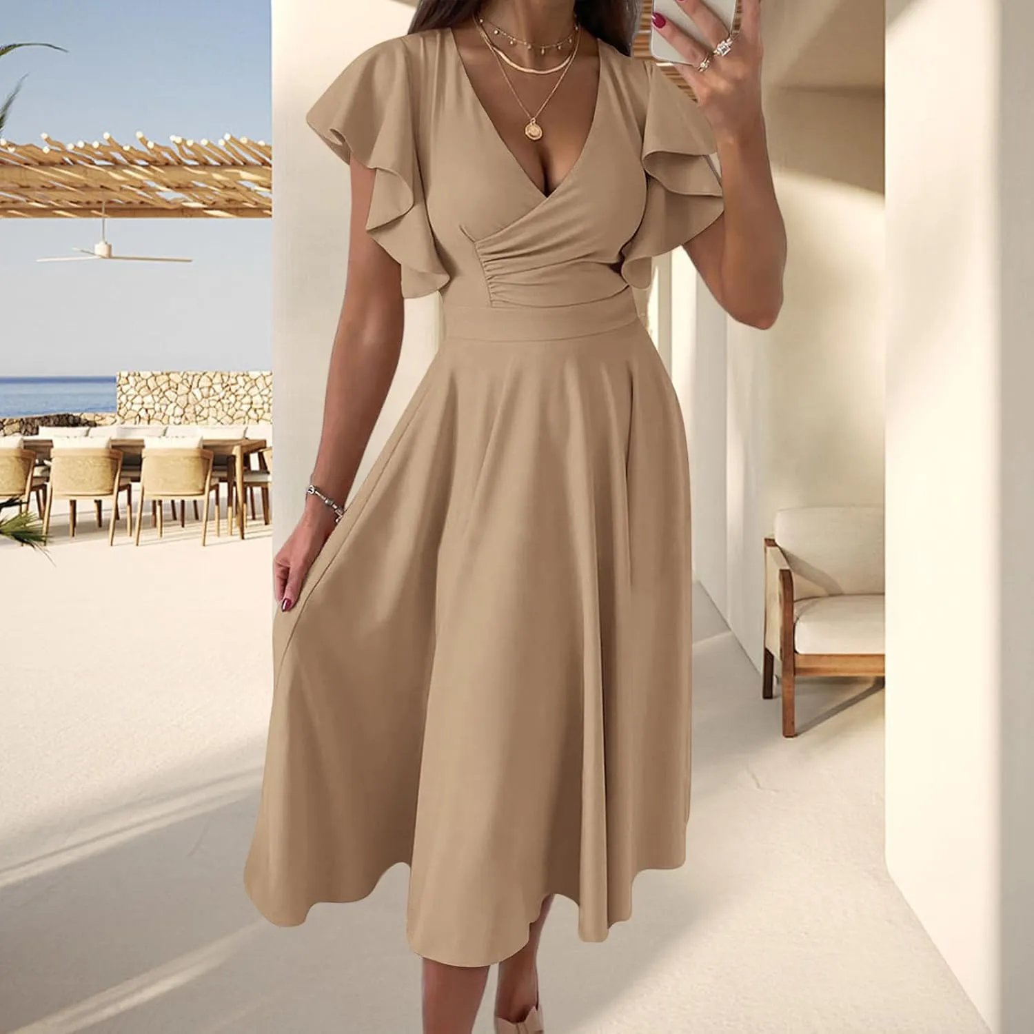 Women's Summer Sexy Dress Warp V Neck Ruffler Short Sleeve Midi Dresses A Line Swing Flared Cocktail Party Dress