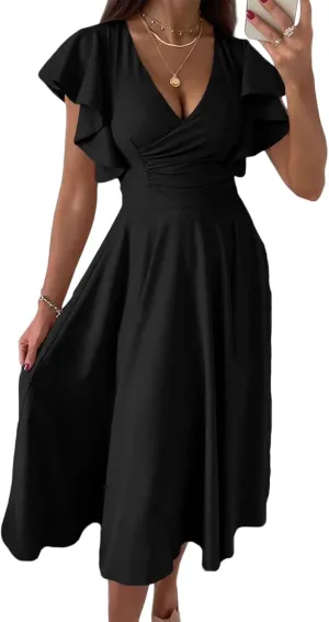 Women's Summer Sexy Dress Warp V Neck Ruffler Short Sleeve Midi Dresses A Line Swing Flared Cocktail Party Dress