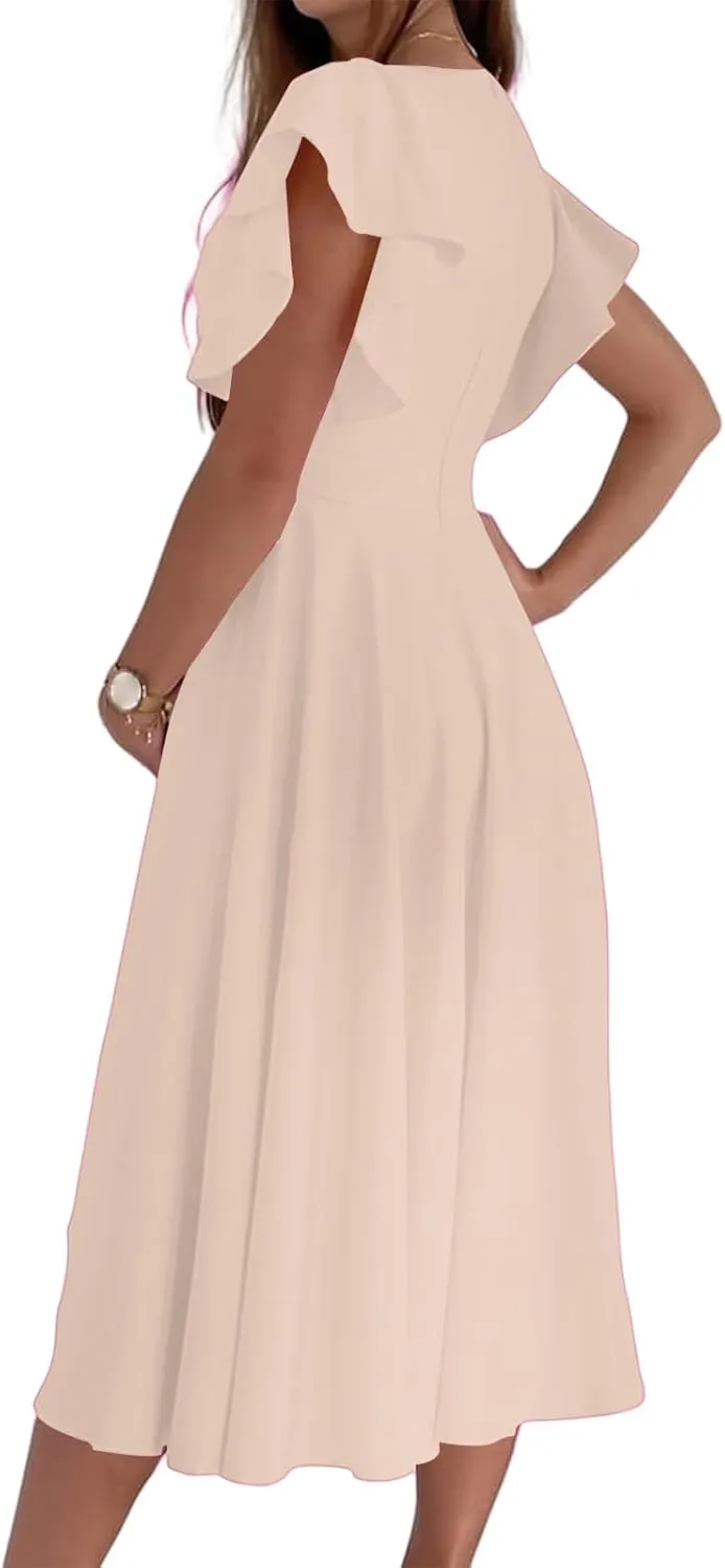 Women's Summer Sexy Dress Warp V Neck Ruffler Short Sleeve Midi Dresses A Line Swing Flared Cocktail Party Dress