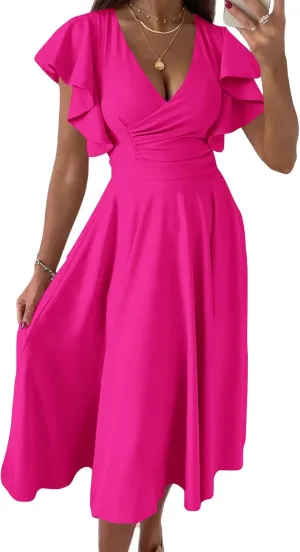 Women's Summer Sexy Dress Warp V Neck Ruffler Short Sleeve Midi Dresses A Line Swing Flared Cocktail Party Dress