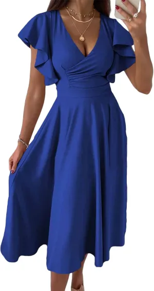 Women's Summer Sexy Dress Warp V Neck Ruffler Short Sleeve Midi Dresses A Line Swing Flared Cocktail Party Dress