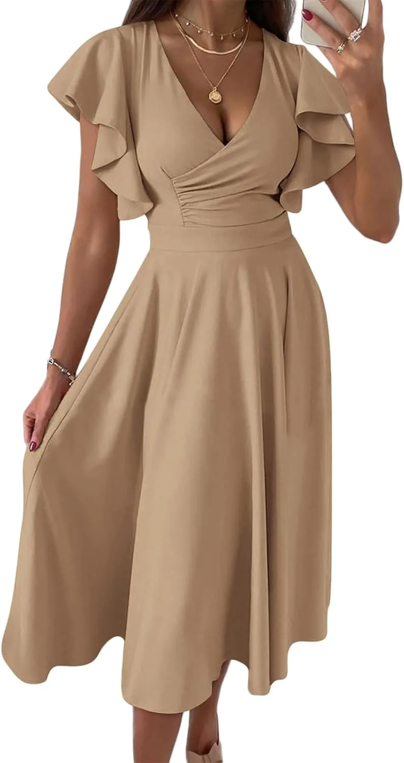 Women's Summer Sexy Dress Warp V Neck Ruffler Short Sleeve Midi Dresses A Line Swing Flared Cocktail Party Dress
