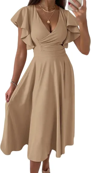 Women's Summer Sexy Dress Warp V Neck Ruffler Short Sleeve Midi Dresses A Line Swing Flared Cocktail Party Dress