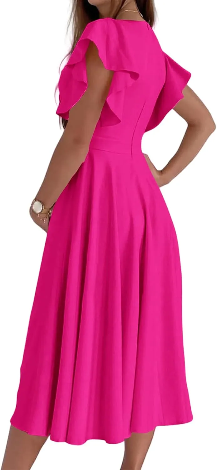 Women's Summer Sexy Dress Warp V Neck Ruffler Short Sleeve Midi Dresses A Line Swing Flared Cocktail Party Dress