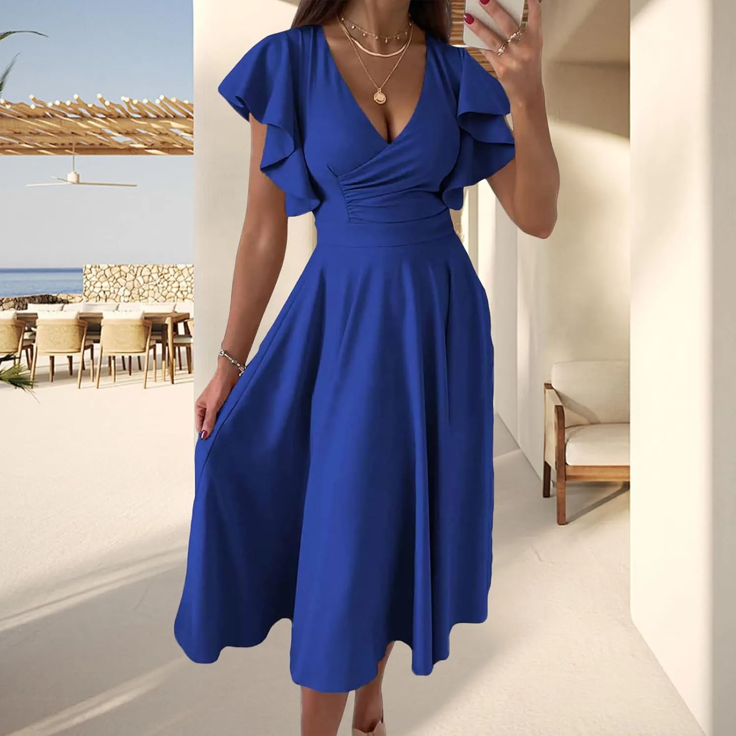Women's Summer Sexy Dress Warp V Neck Ruffler Short Sleeve Midi Dresses A Line Swing Flared Cocktail Party Dress