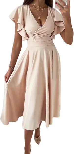 Women's Summer Sexy Dress Warp V Neck Ruffler Short Sleeve Midi Dresses A Line Swing Flared Cocktail Party Dress