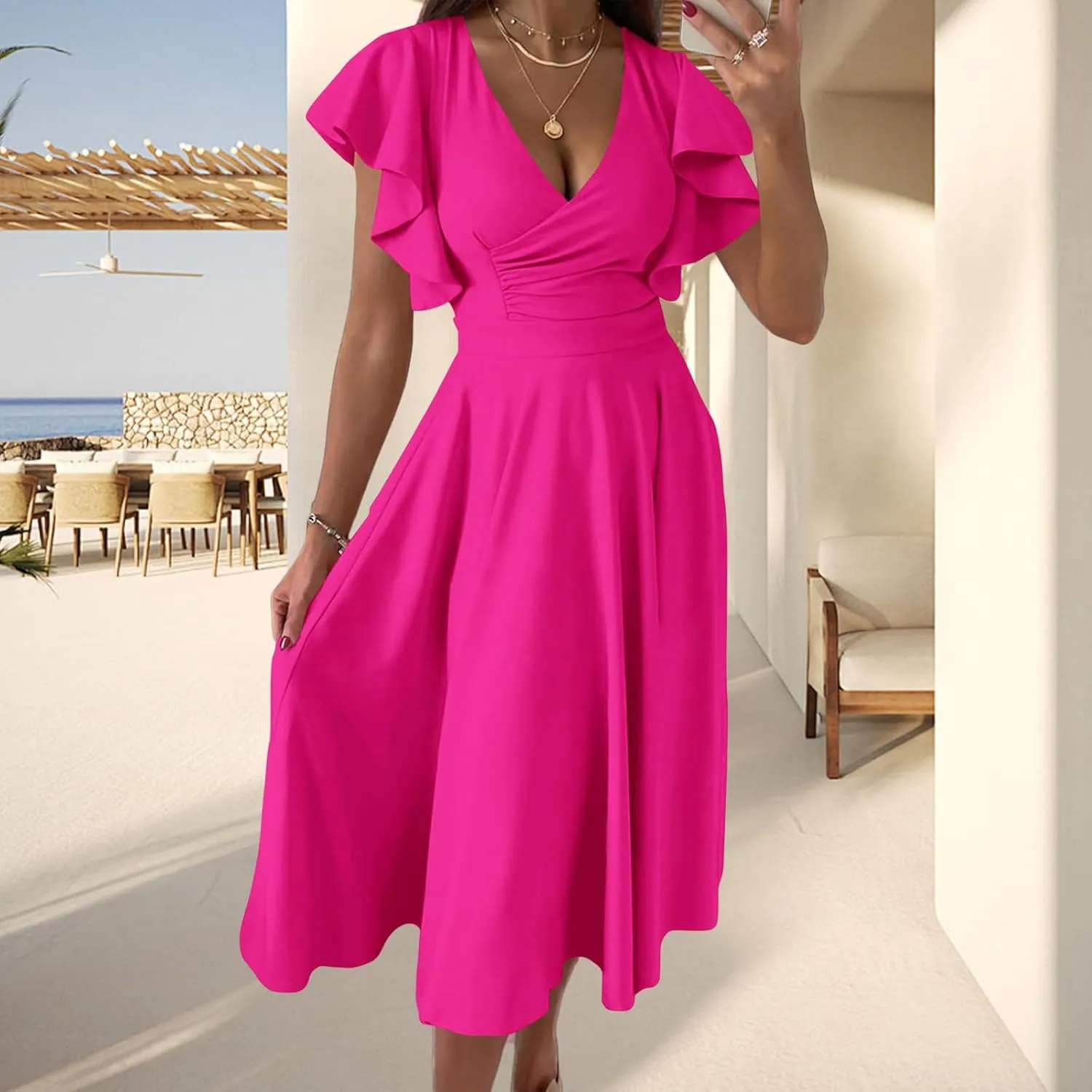 Women's Summer Sexy Dress Warp V Neck Ruffler Short Sleeve Midi Dresses A Line Swing Flared Cocktail Party Dress
